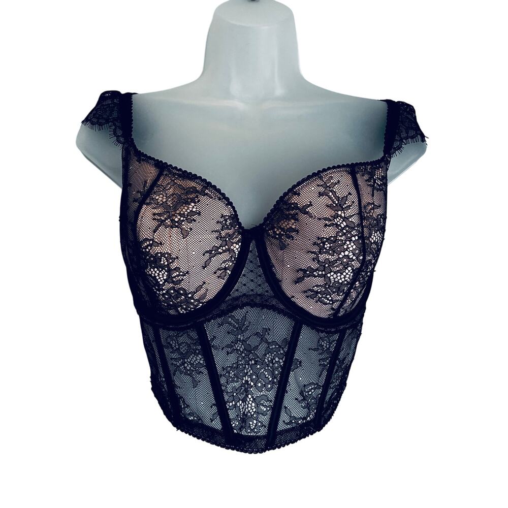 Victoria's Secret Corset Top M-DD Black Lace Cap Sleeve NWT